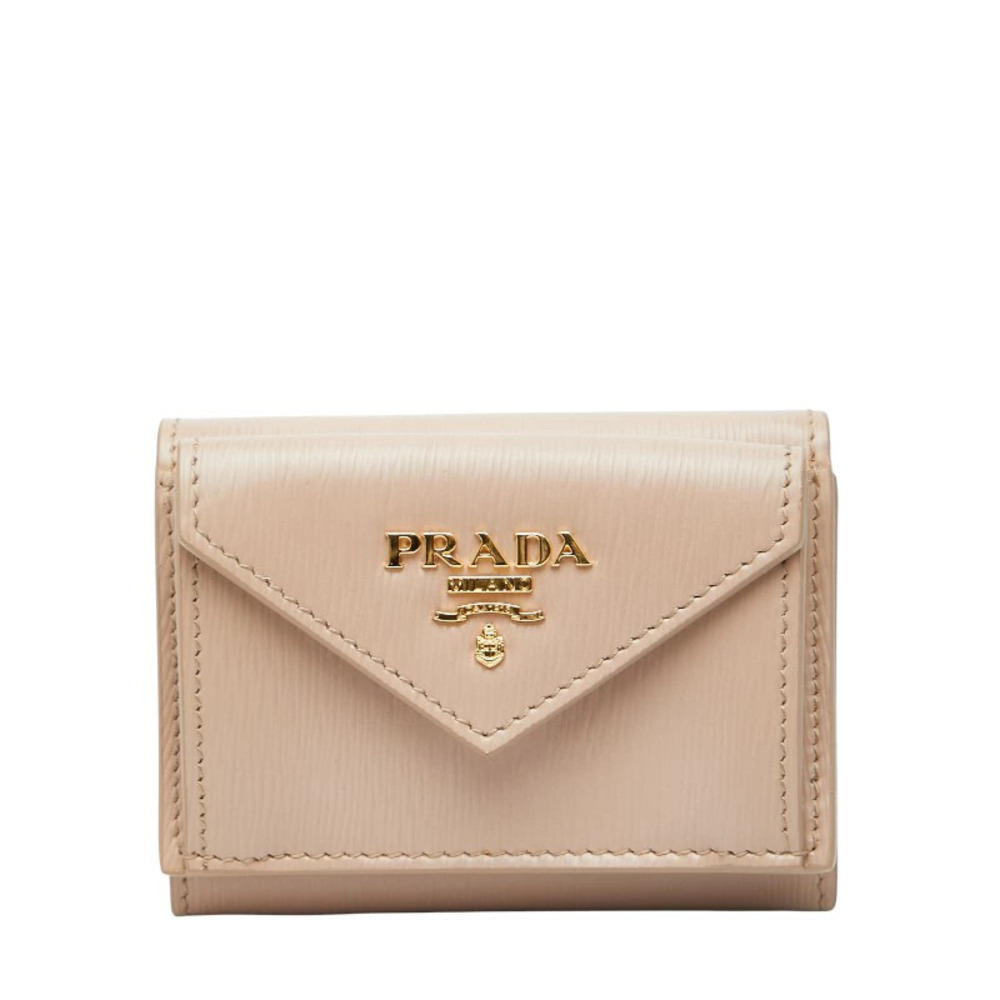 Prada Tri fold Wallet Compact Beige Cream Vitello Daino Leather